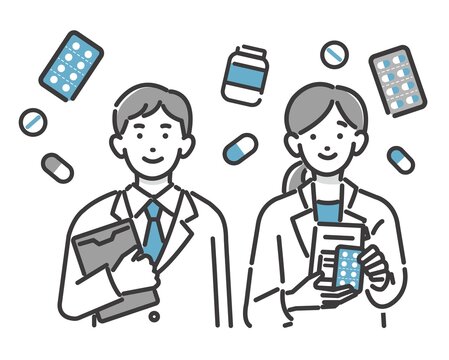 男女の薬剤師と薬のイラスト
